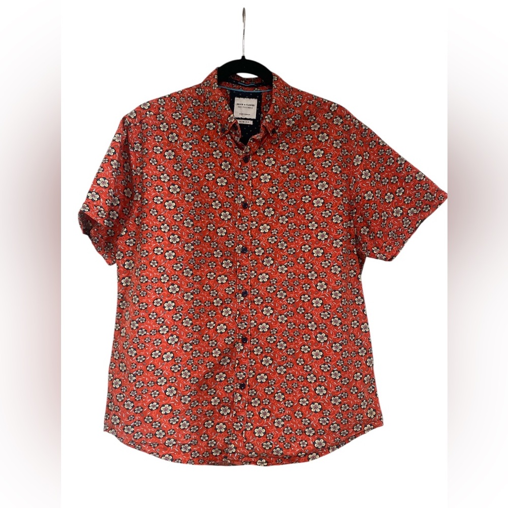 Denim & Flower Red Floral Casual Button Down Shirt GUC L